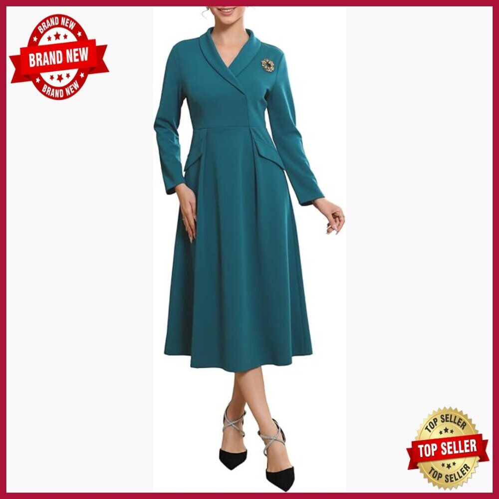 Long Sleeve A-Line Formal Work Dress with Brooch Collar